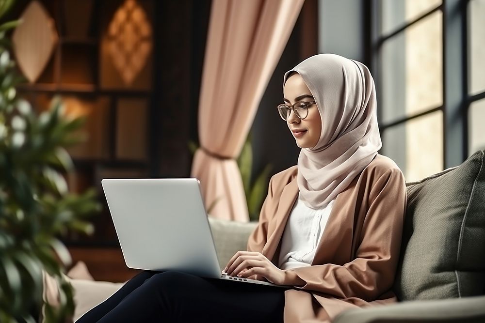 Young hijab female tech relaxing computer laptop sitting. AI generated Image by rawpixel.
