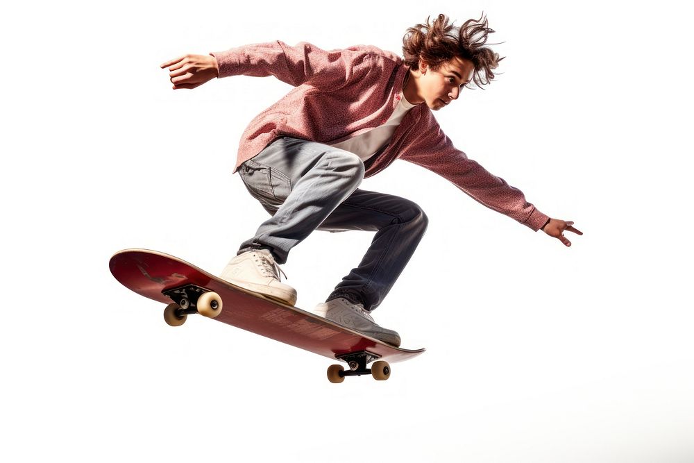 Teen jump skateboard trick footwear white background skateboarding. AI generated Image by rawpixel.