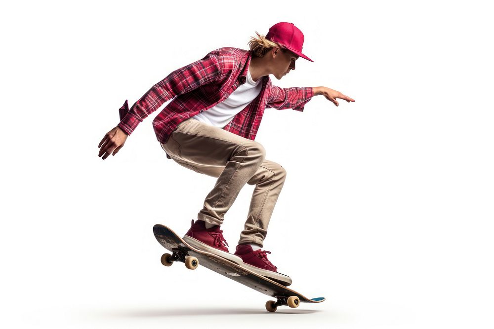 Teen jump skateboard trick white background skateboarding exhilaration. AI generated Image by rawpixel.