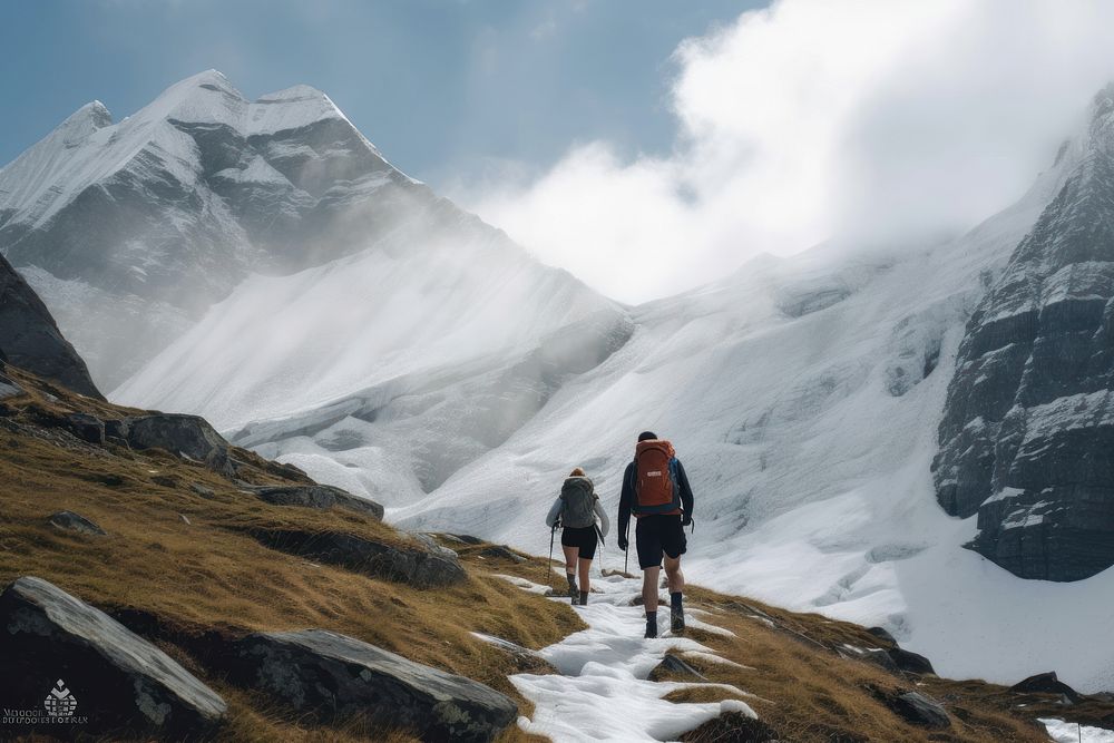 Couple walking trail mountain adventure backpacking recreation. AI generated Image by rawpixel.