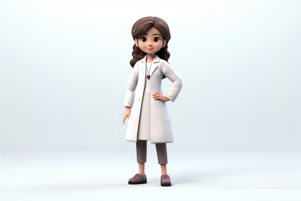 10-years-old girl with lab coat cartoon doll toy. 