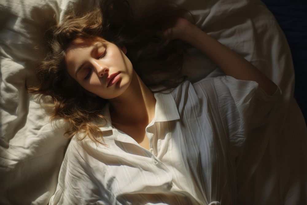 Woman lying in bed sleeping comfortable portrait. AI generated Image by rawpixel.