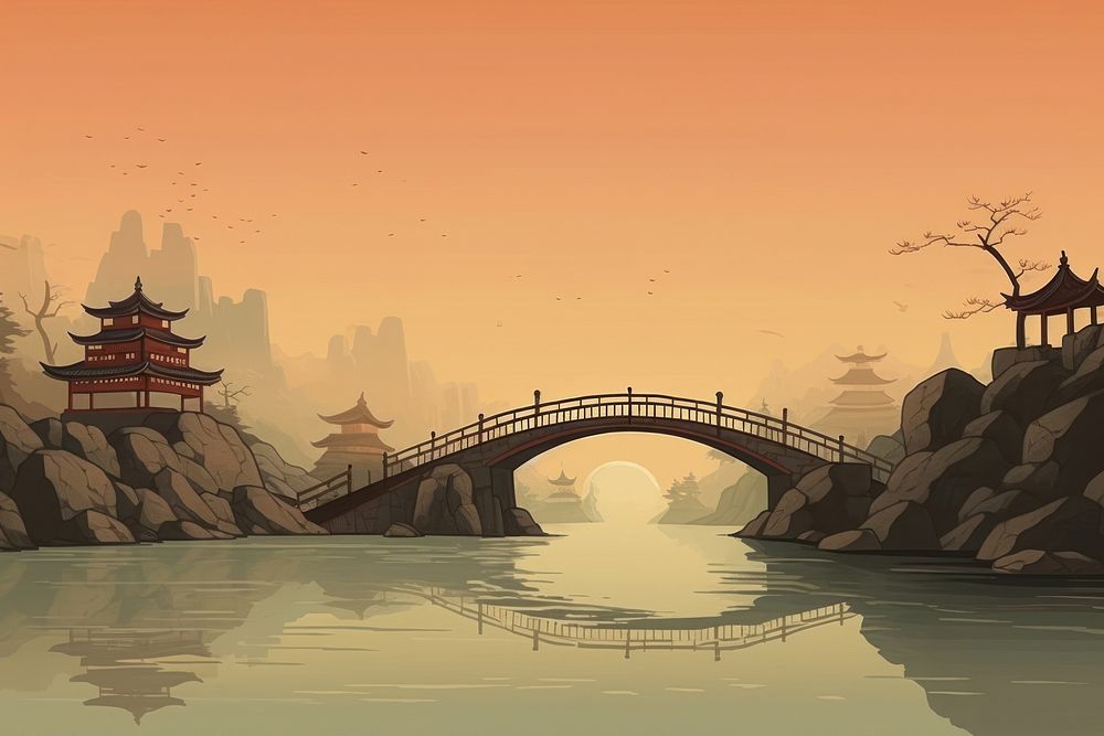 Vintage Chinese bridge illustration architecture landscape outdoors. AI generated Image by rawpixel.