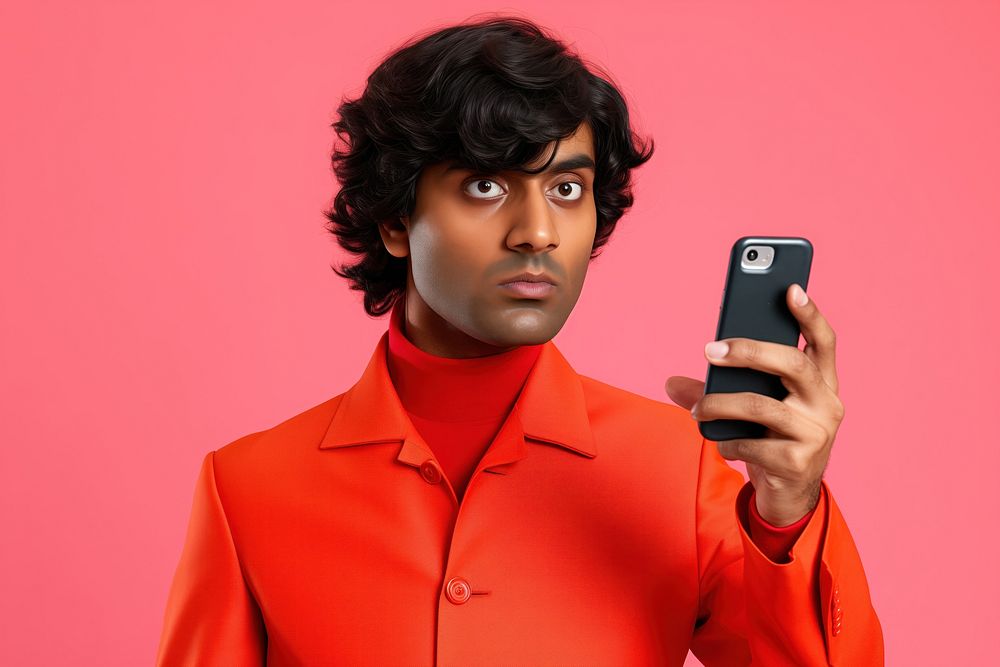 An 27 yo indian pointing at his phone photography portrait looking. AI generated Image by rawpixel.