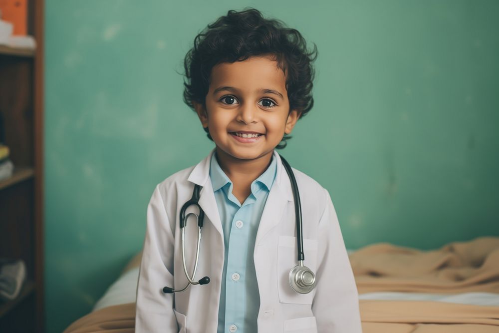 A happy 27 yo doctor from india working in the hospital child stethoscope physician. AI generated Image by rawpixel.