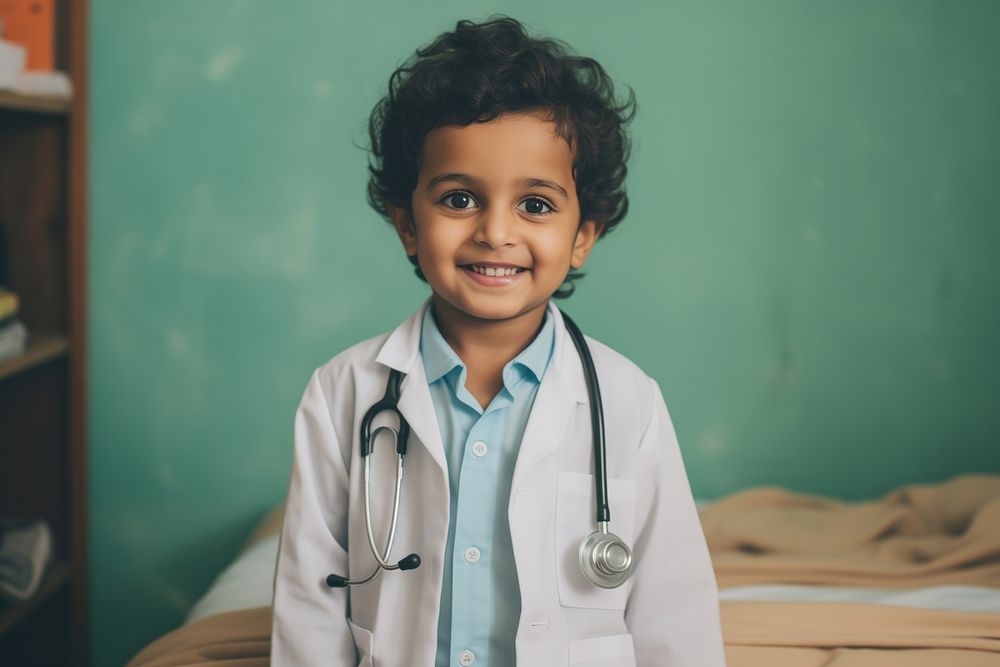 A happy 27 yo doctor from india working in the hospital child stethoscope physician. 