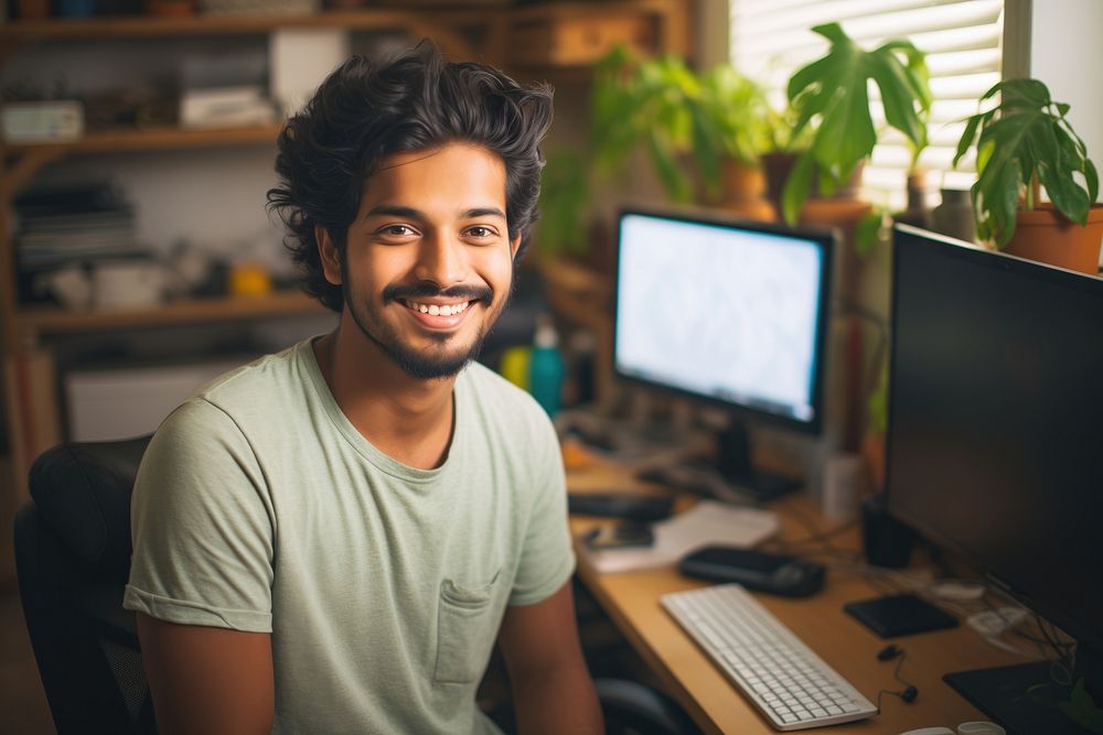 A happy 27 yo Software developer from india working in minimal office computer adult smile. AI generated Image by rawpixel.
