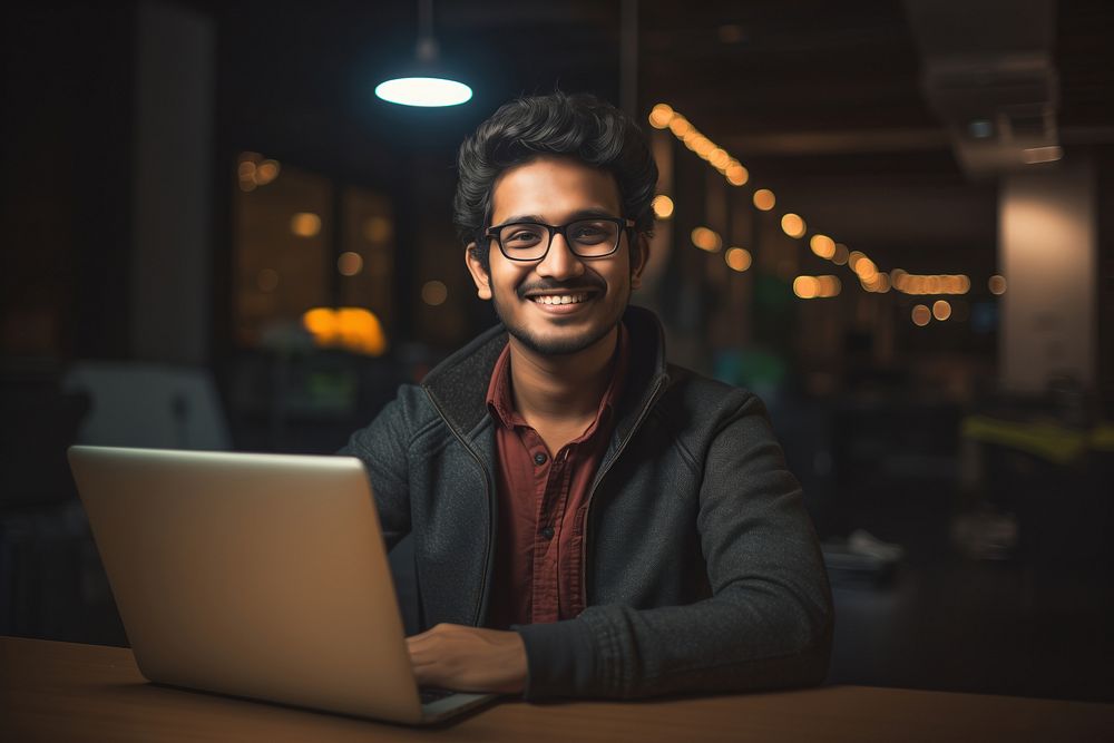 A happy 27 yo Software developer from india working in minimal office photography computer portrait. AI generated Image by…