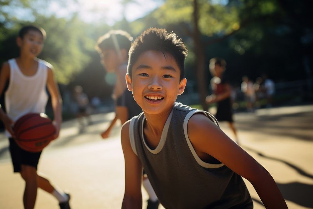 Asian American basketball player sports child togetherness. AI generated Image by rawpixel.