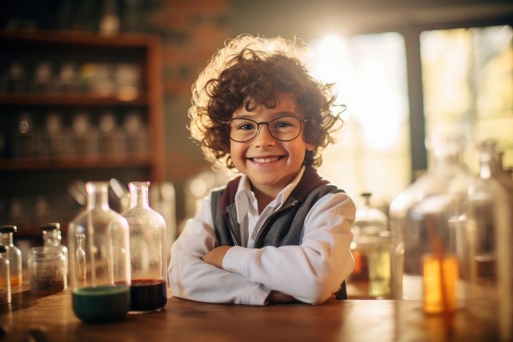 Elementary kid in chemistry classroom scientist glasses intelligence. AI generated Image by rawpixel.