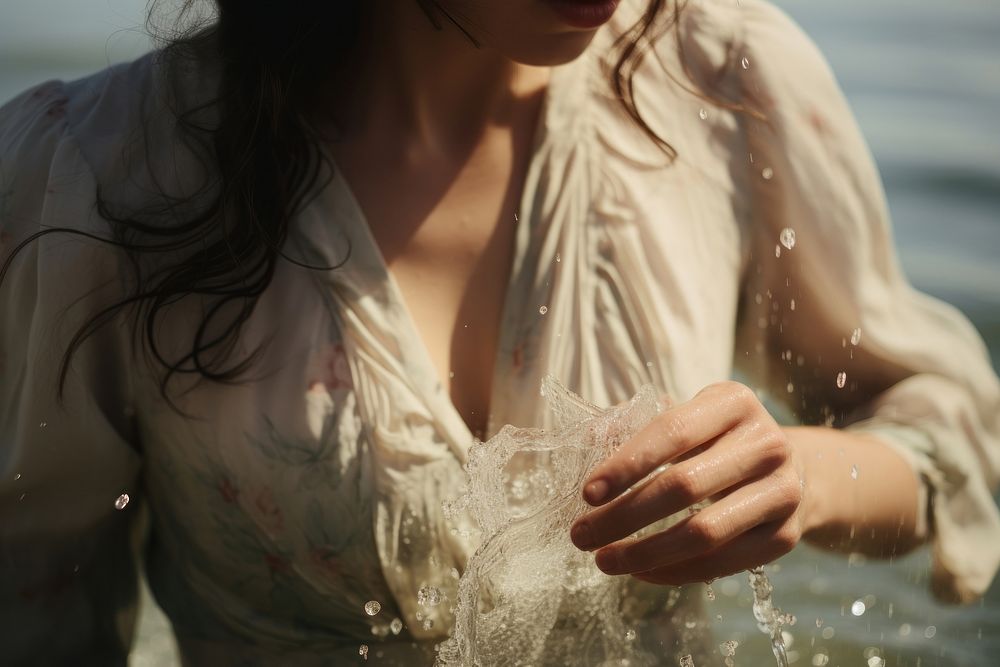 Woman playing water at a beach adult dress hand. AI generated Image by rawpixel.