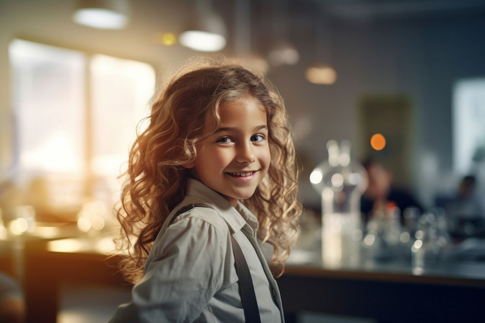 Girl in chemistry classroom smile kid happiness. AI generated Image by rawpixel.