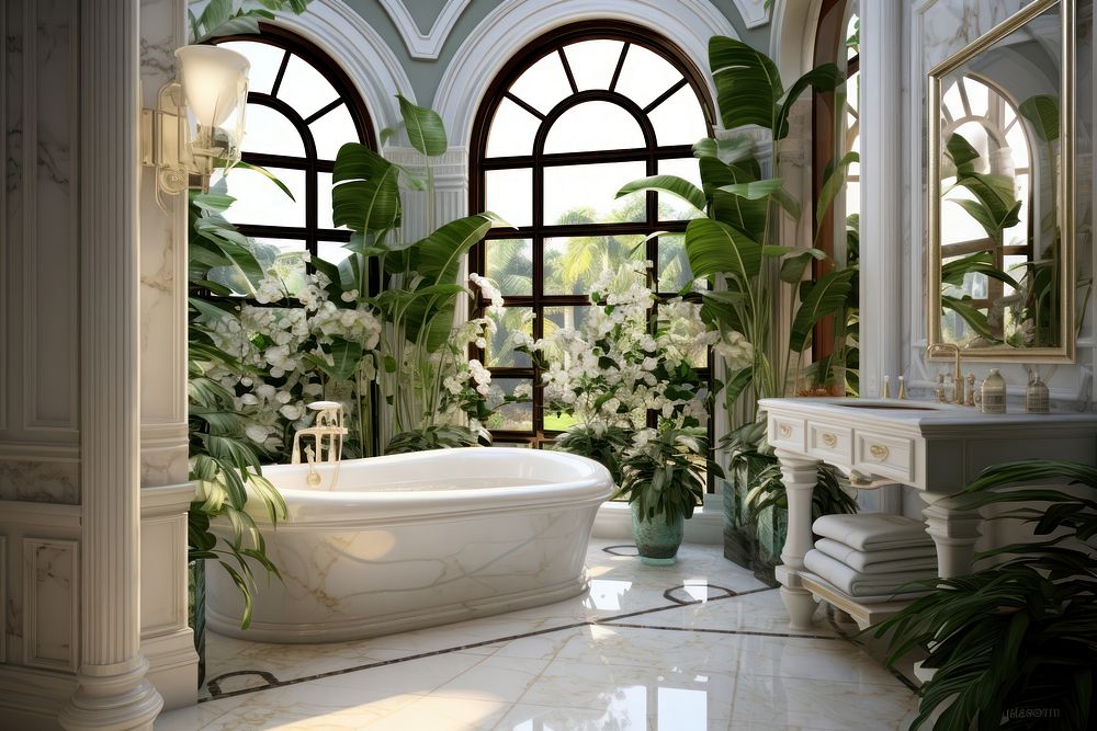 Luxury bathroom design plant bathtub window. AI generated Image by rawpixel.