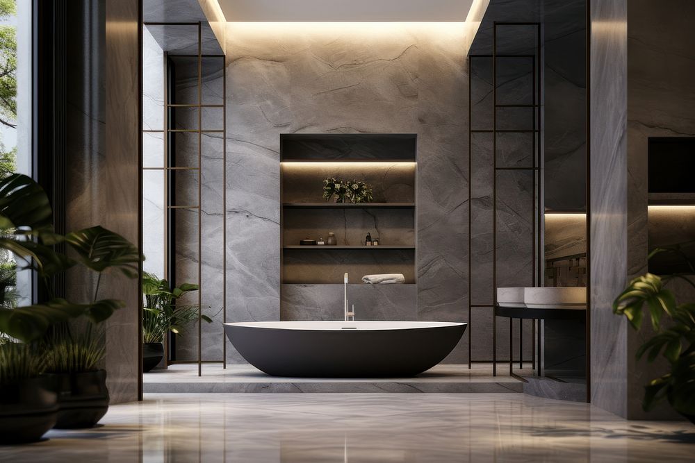 Luxury bathroom design plant bathtub luxury. AI generated Image by rawpixel.