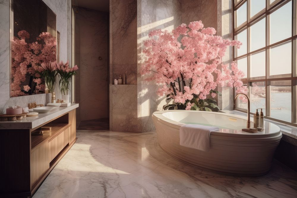 Luxury bathroom design plant bathtub flower. AI generated Image by rawpixel.