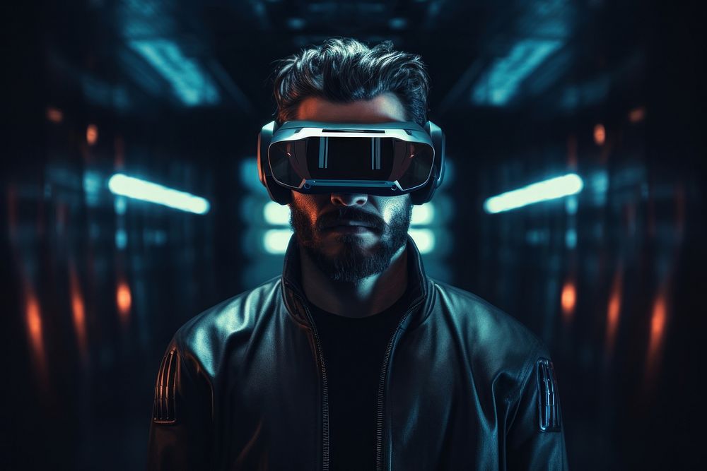 Man in futuristic VR simulator portrait photo illuminated. AI generated Image by rawpixel.