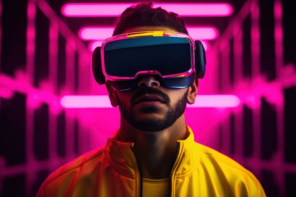 Man in futuristic VR simulator portrait sunglasses yellow. AI generated Image by rawpixel.