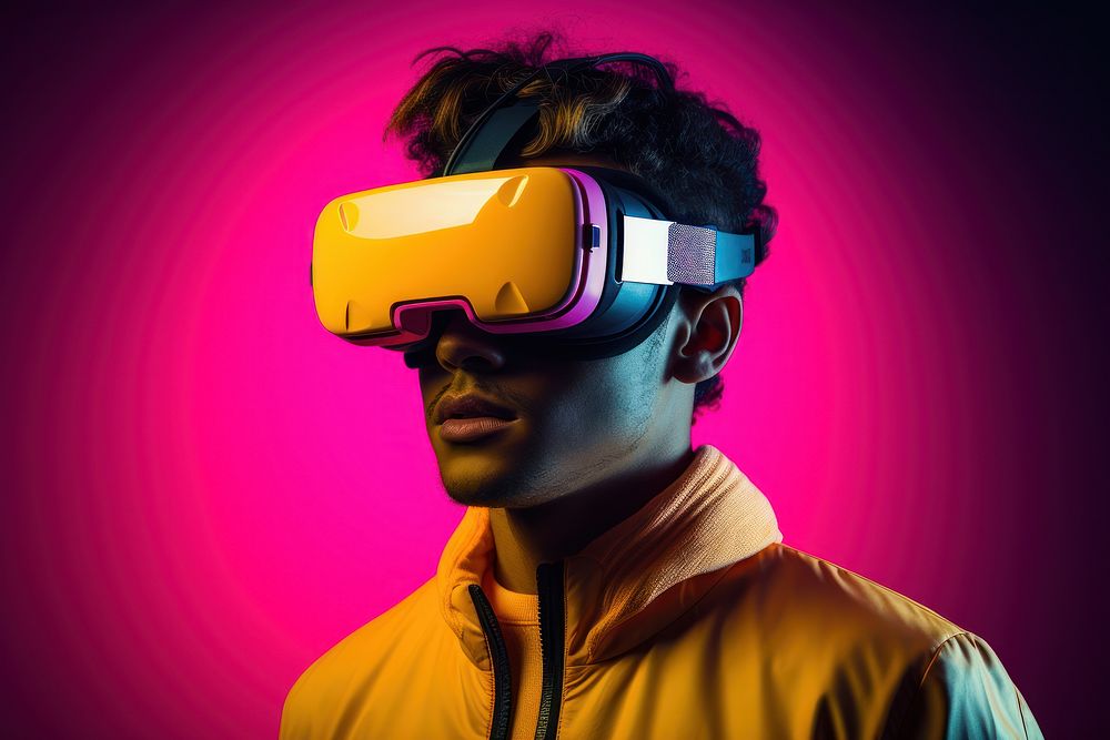 Man in futuristic VR simulator portrait yellow photo. AI generated Image by rawpixel.