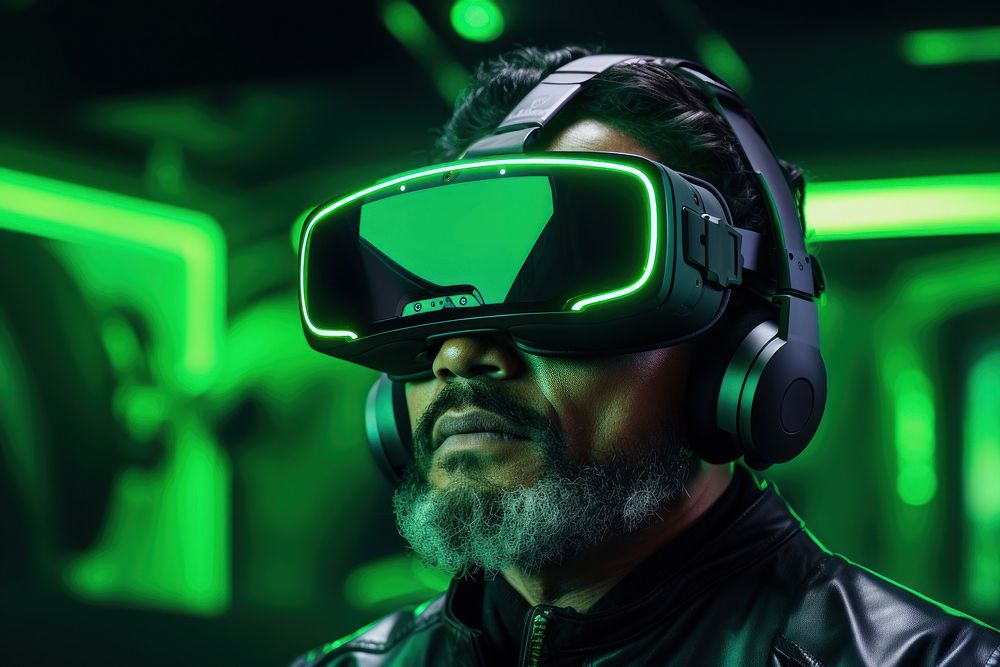 Man in futuristic VR simulator portrait green photo. AI generated Image by rawpixel.