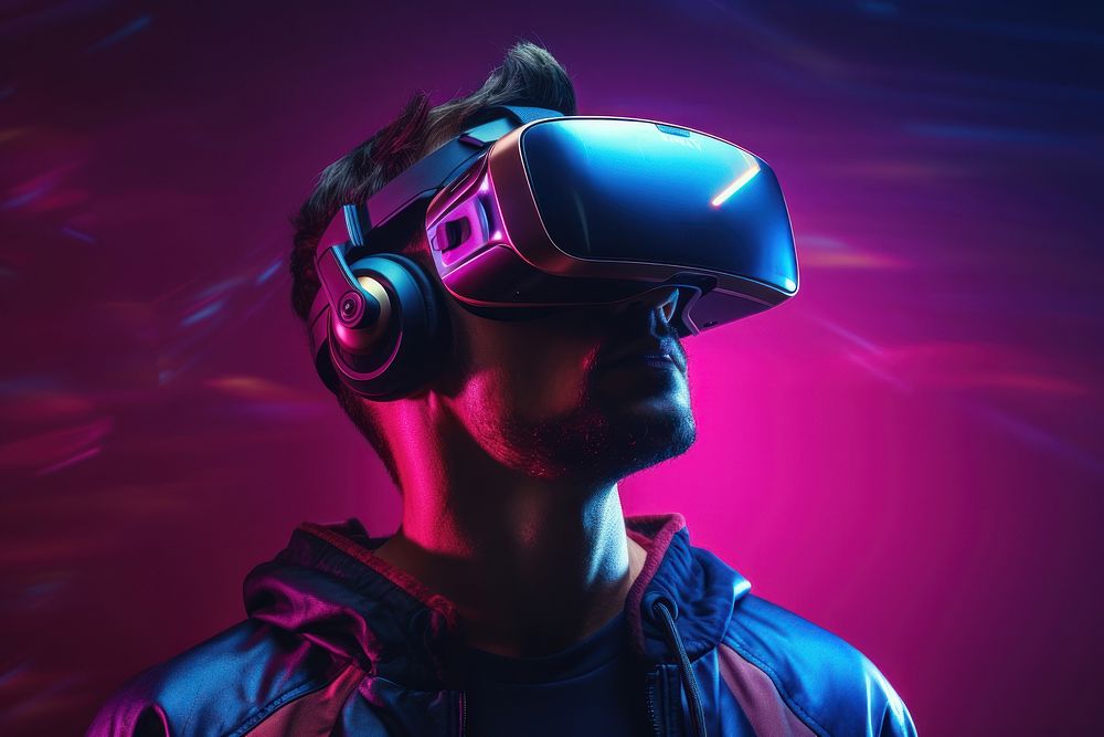 Man in futuristic VR simulator photo illuminated photography. AI generated Image by rawpixel.