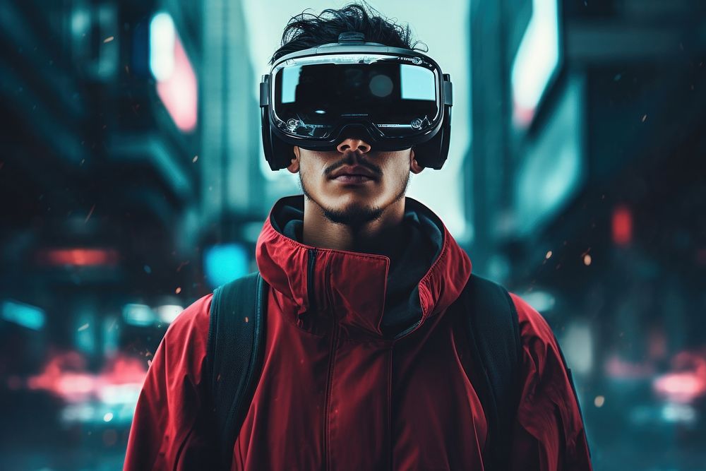 Man in futuristic VR simulator portrait photo architecture. AI generated Image by rawpixel.