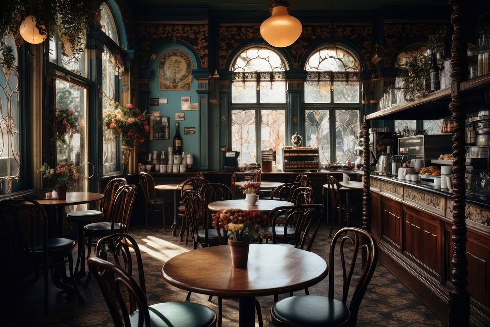 Black victorian cafe architecture restaurant furniture. AI generated Image by rawpixel.