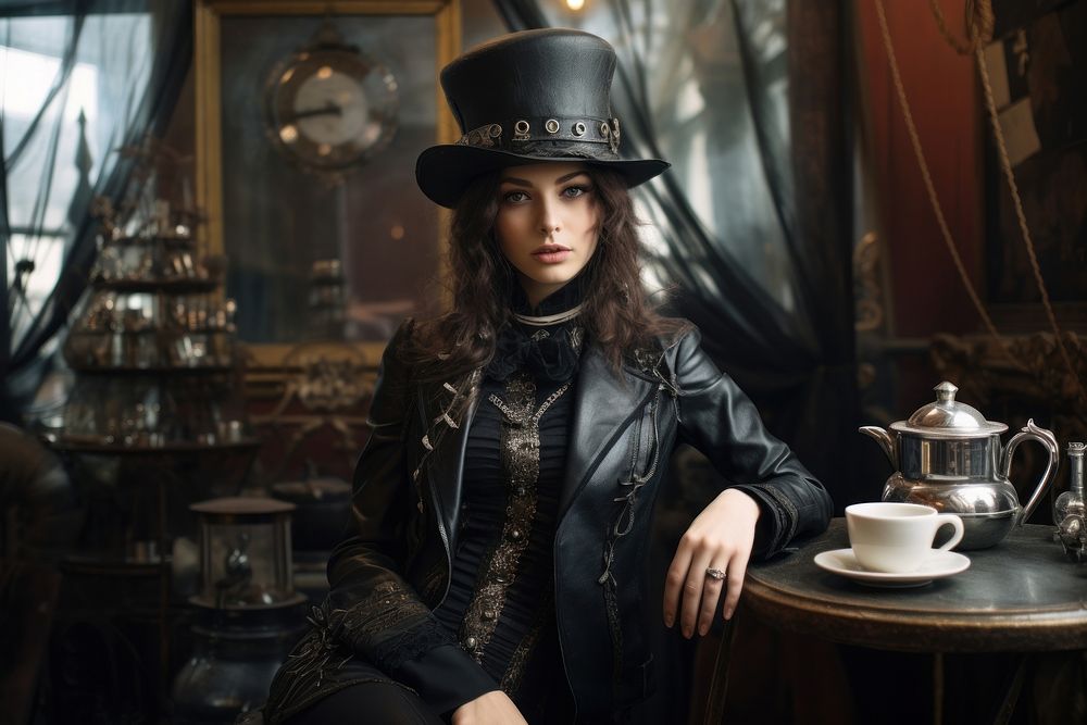 Steampunk cafe photography portrait jacket. AI generated Image by rawpixel.