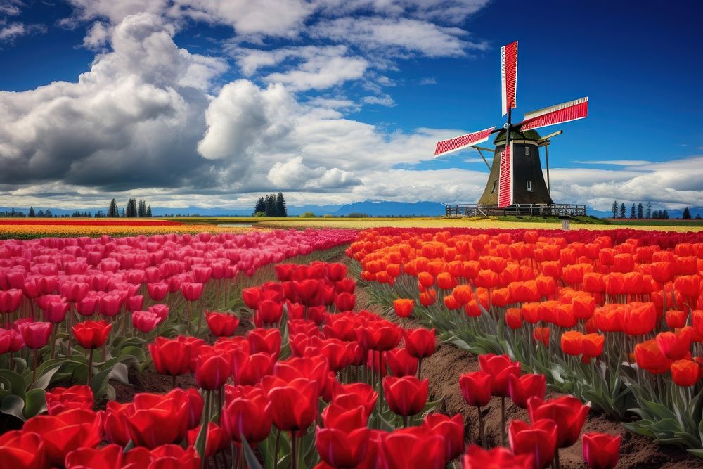 Tulip field with windmill outdoors nature inflorescence. AI generated Image by rawpixel.