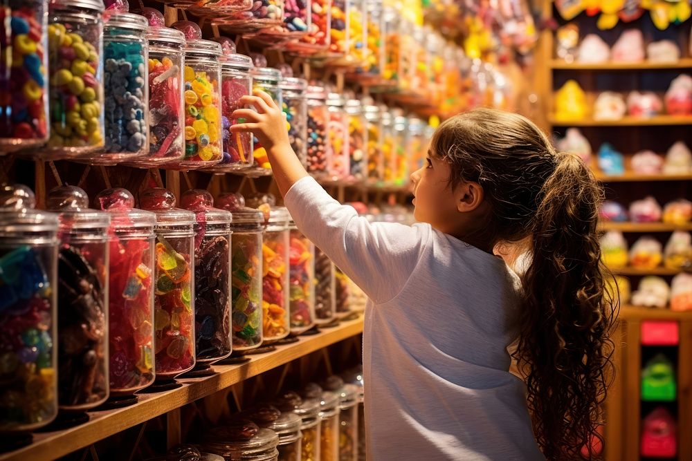 Colorful candy shop shopping girl confectionery. AI generated Image by rawpixel.