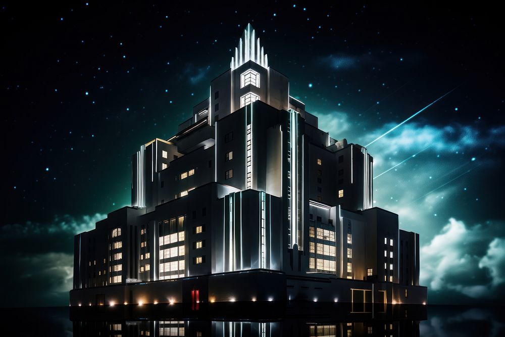Art deco building night sky architecture. AI generated Image by rawpixel.