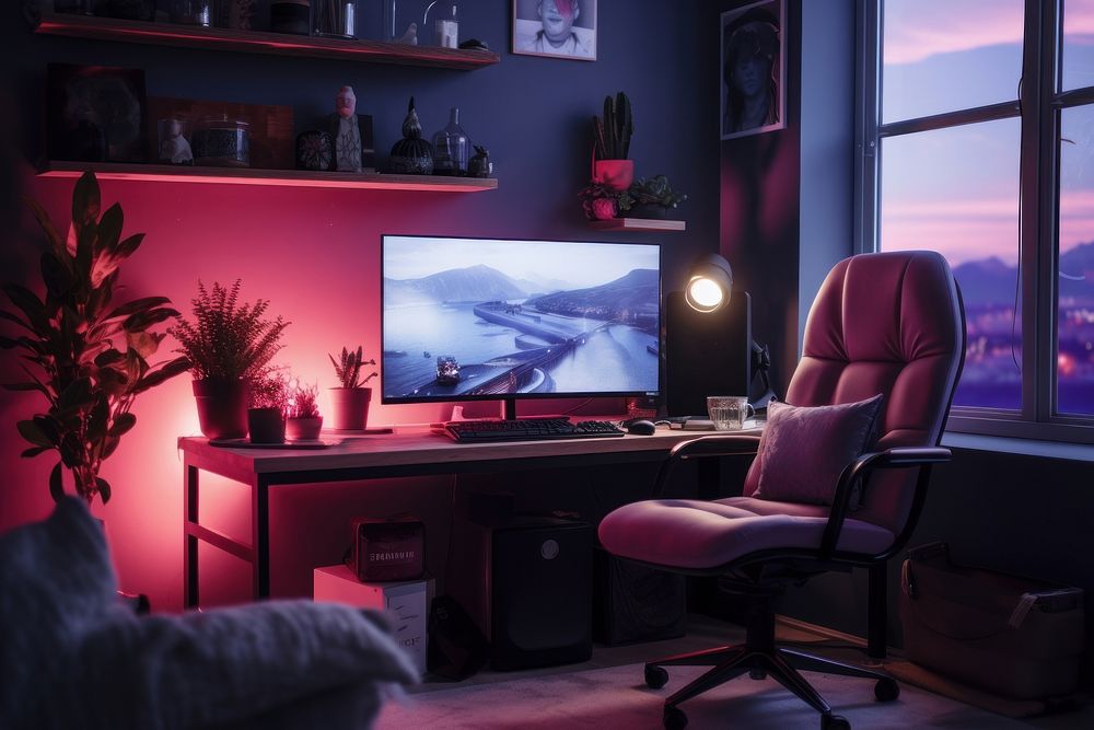 Gamer girl apartment room furniture computer office. AI generated Image by rawpixel.