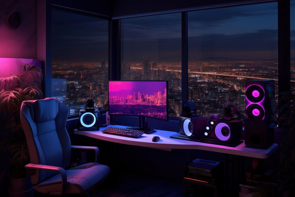 Gamer girl apartment room furniture computer table. AI generated Image by rawpixel.