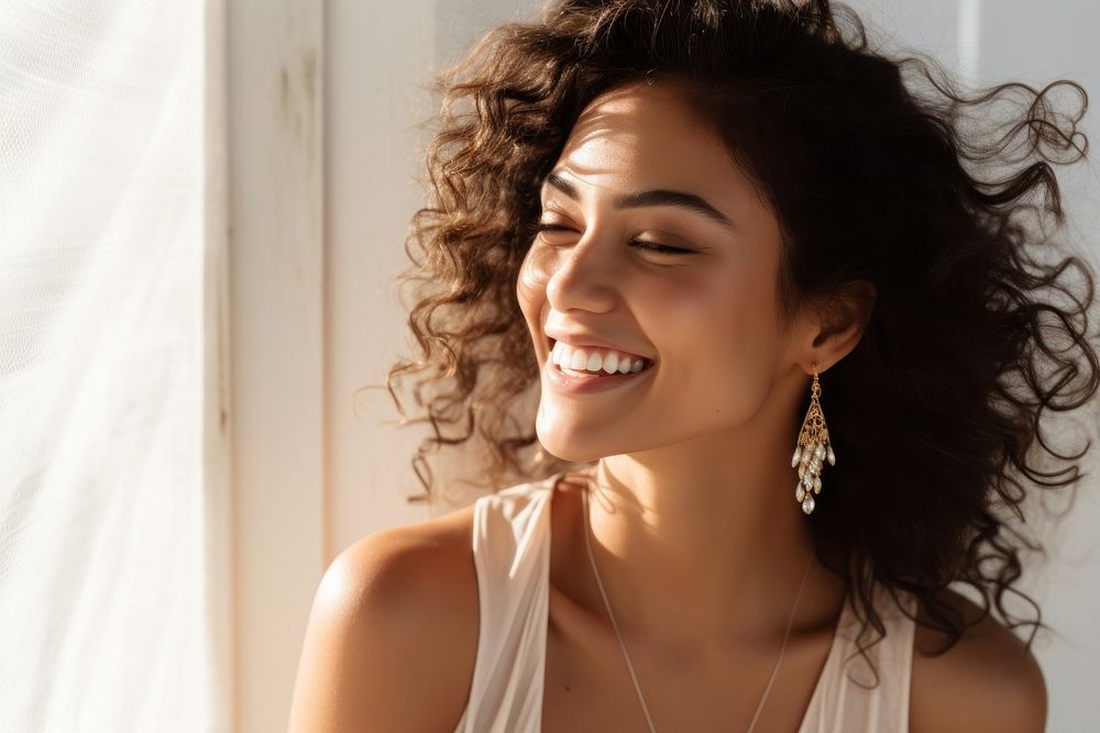 Happy latina woman wearing jewelry necklace laughing adult. AI generated Image by rawpixel.
