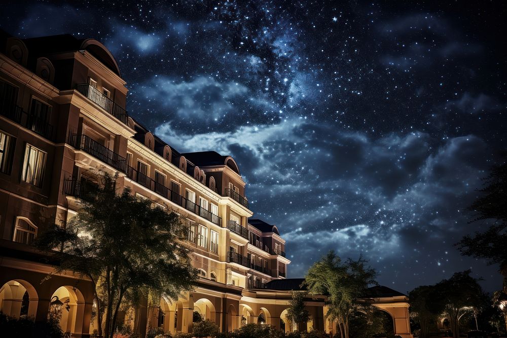 Luxury hotel building night architecture astronomy. AI generated Image by rawpixel.