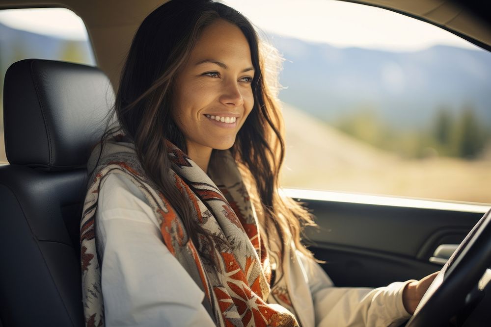 Native american indian woman driving a car vehicle smile adult. AI generated Image by rawpixel.