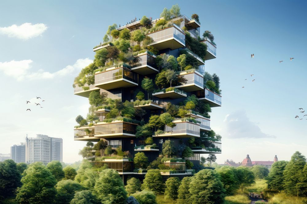 Sustainable building architecture outdoors tree. AI generated Image by rawpixel.