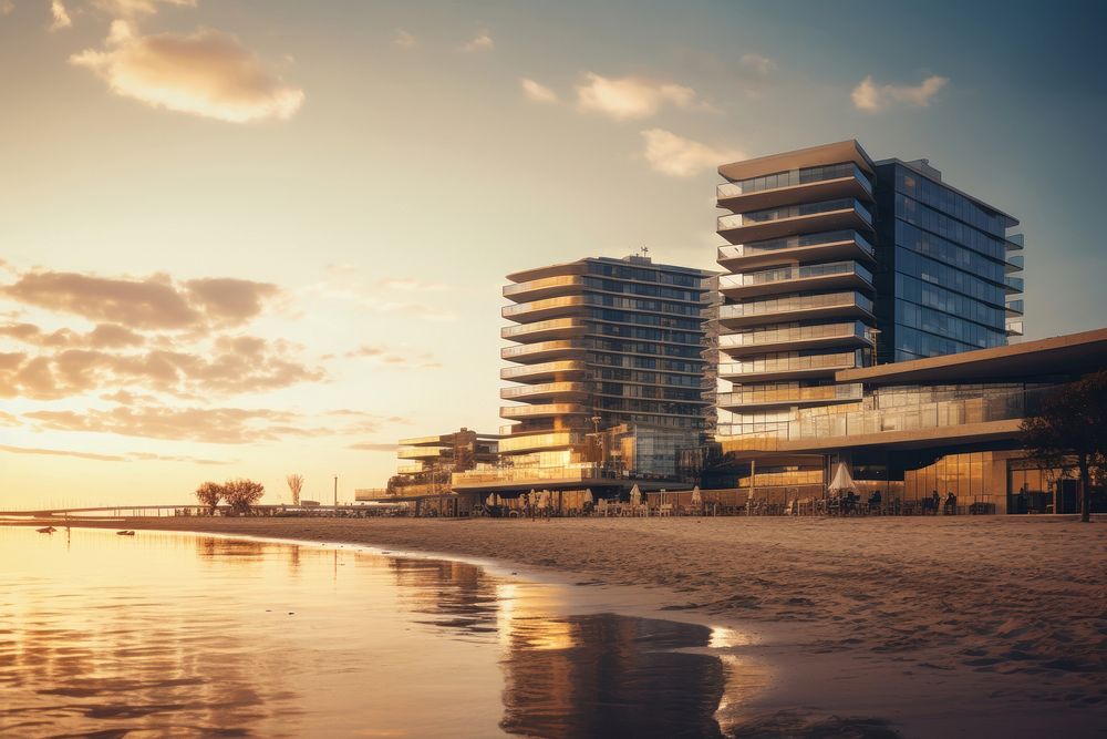 Modern buildings near beach architecture cityscape outdoors. AI generated Image by rawpixel.