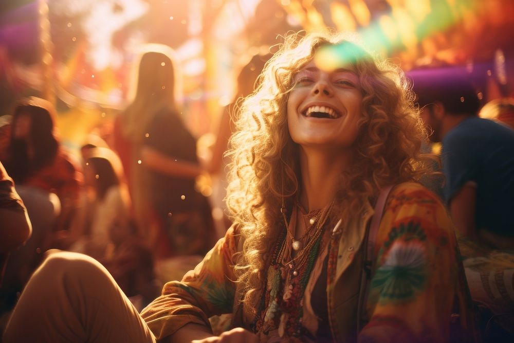 Psychedelic music festival laughing adult smile. AI generated Image by rawpixel.