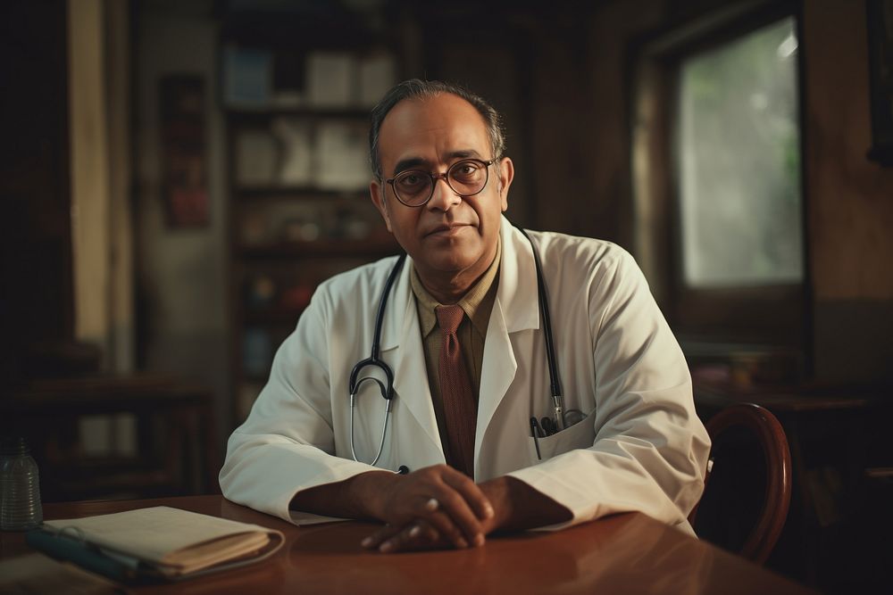 Indian doctor glasses table adult. AI generated Image by rawpixel.