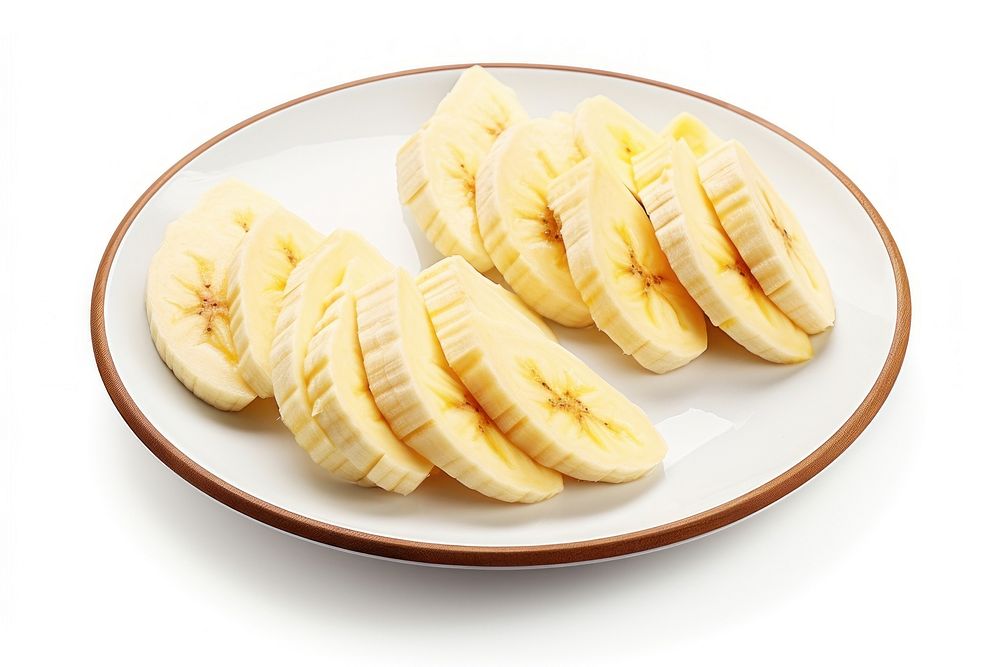 3 small pieces of cut up banana on plate fruit plant food. AI generated Image by rawpixel.