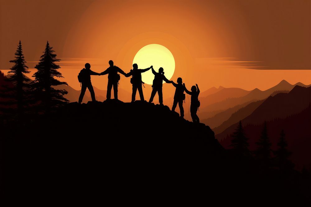 Teamwork silhouette hiking adventure. AI generated Image by rawpixel.