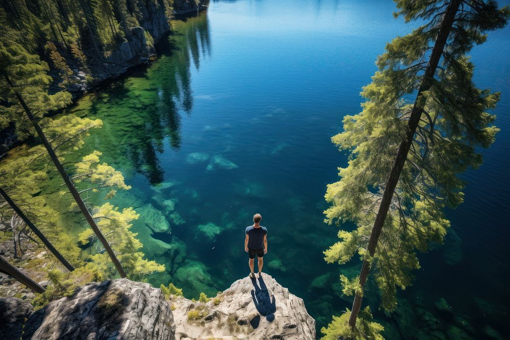 Men floating on the crystal clear lake cliff tree wilderness. AI generated Image by rawpixel.