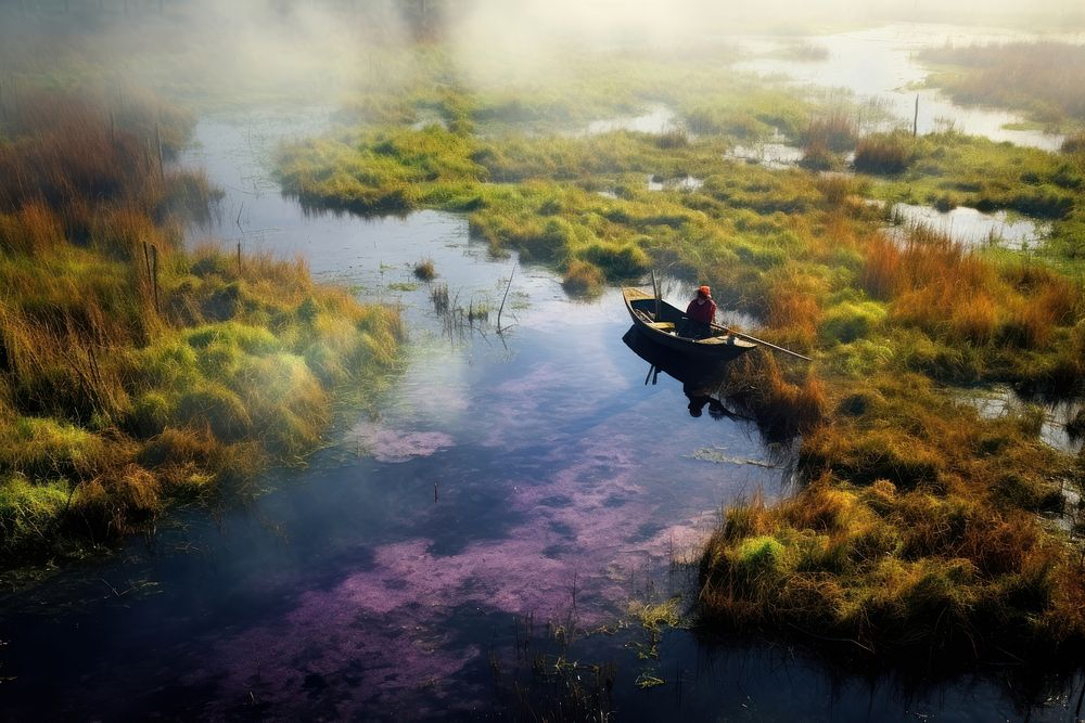 Swamp boat outdoors morning vehicle. AI generated Image by rawpixel.