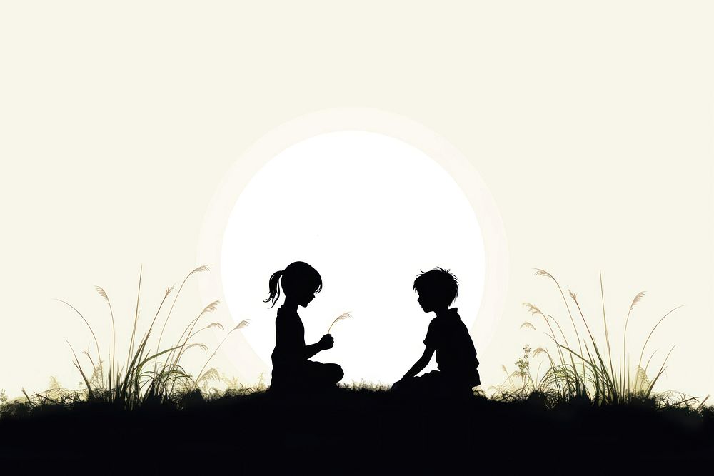 Children playing silhouette grass togetherness. 