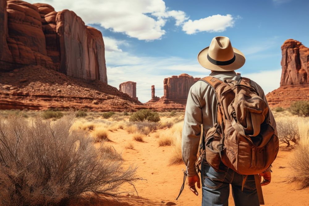Tourist looking at the rock backpack outdoors desert. AI generated Image by rawpixel.