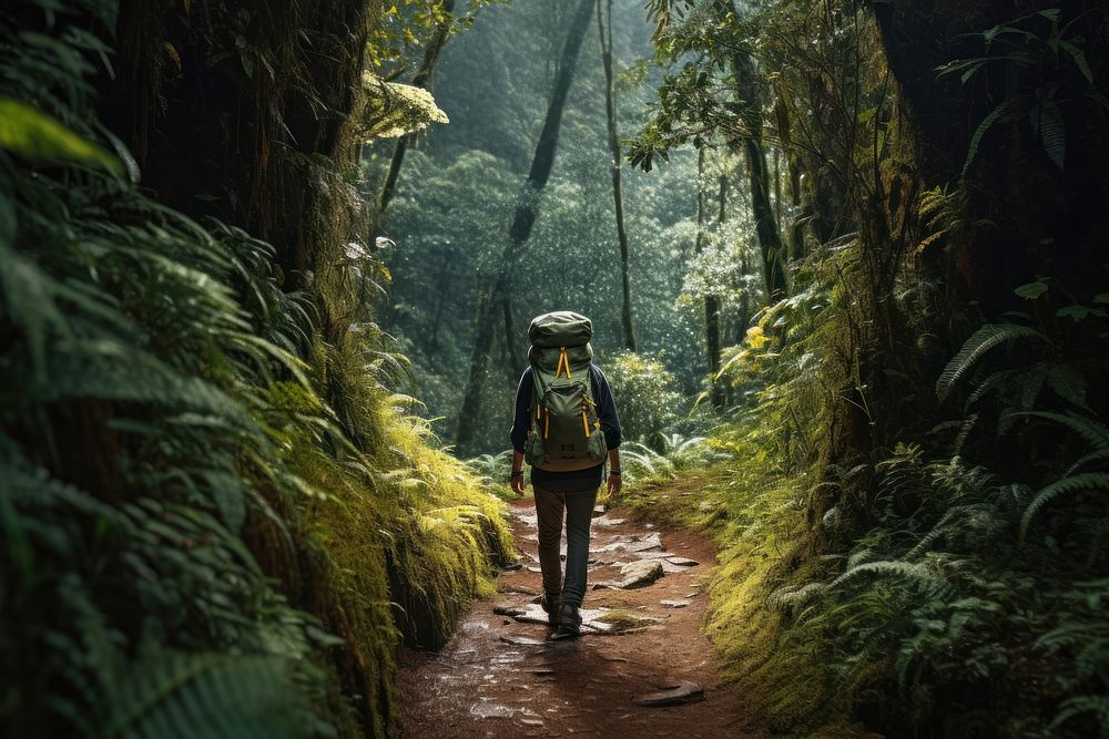 Tourist walking in the mountain forest trail recreation adventure outdoors. AI generated Image by rawpixel.