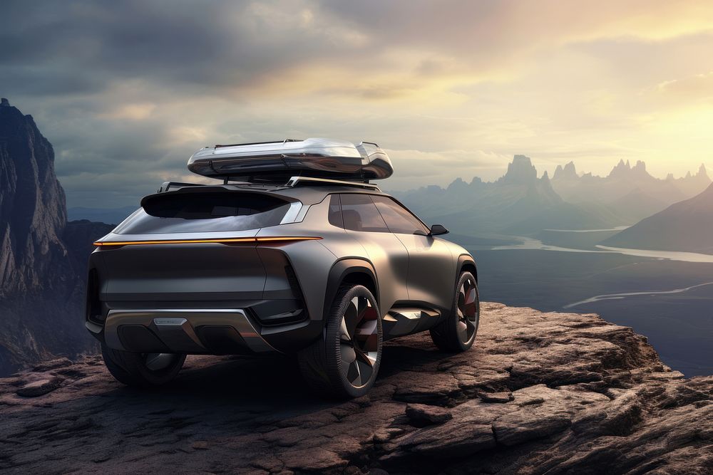 Concept grey modern SUV with baggage on top vehicle wheel cloud. AI generated Image by rawpixel.