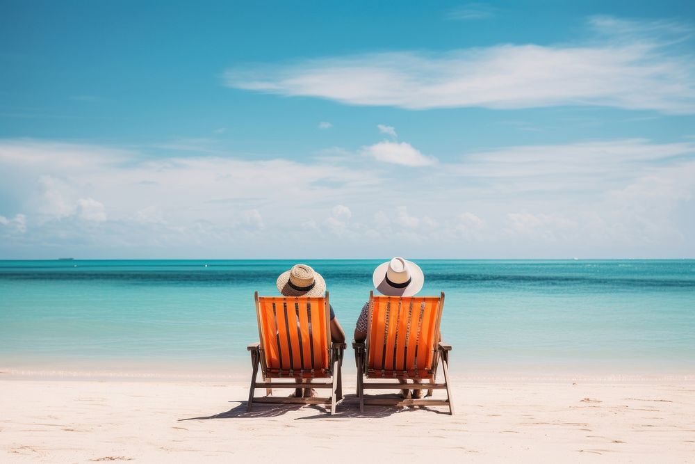 Couple chilling on a beach chair furniture outdoors vacation. AI generated Image by rawpixel.