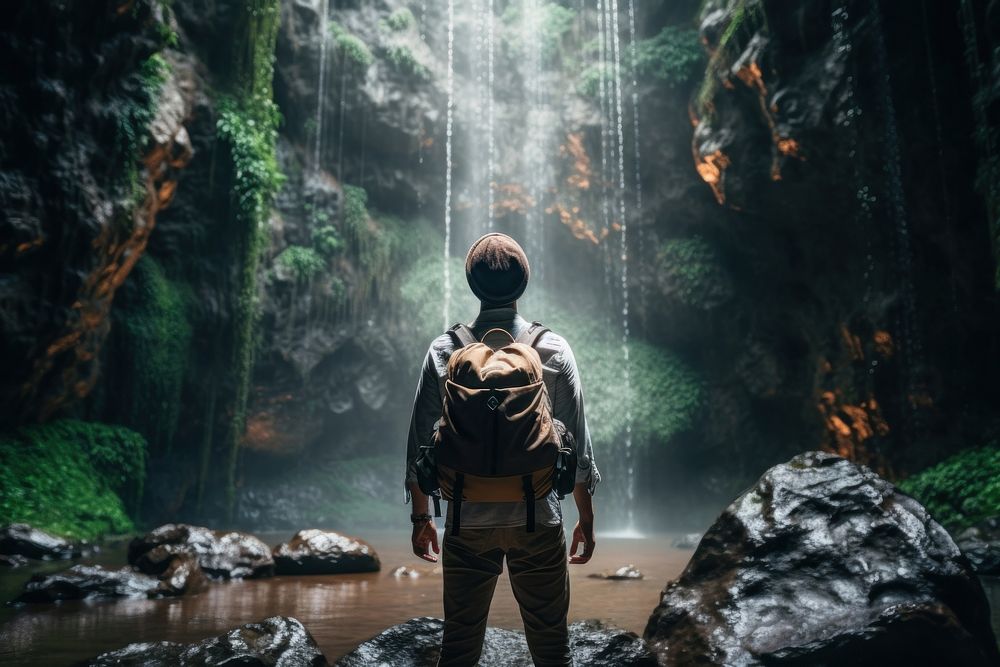 Man wearing backpack waterfall outdoors walking. AI generated Image by rawpixel.