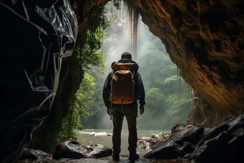 Man wearing backpack cave recreation waterfall. AI generated Image by rawpixel.